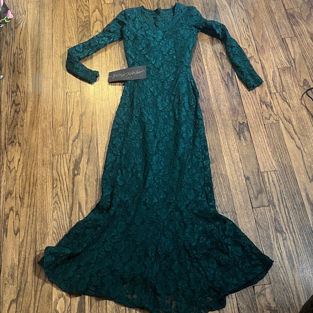 RARE VINTAGE BETSEY JOHNSON EMERALD GREEN LACE MAXI DRESS MERMAID XXS XS S P 0 2
